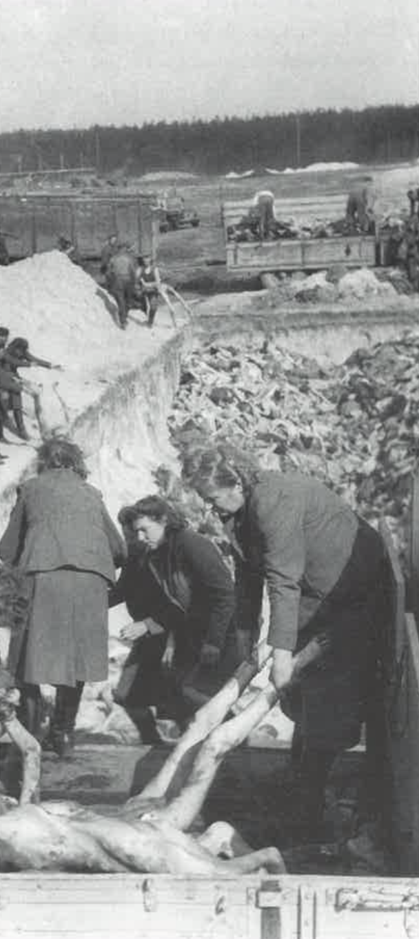 Германские женщины тащат трупы в братские могилы после освобождения концентрационного лагеря Берген-Бельзен весной 1945. Союзники отправляли германских пленных и гражданское население работать на захоронения погибших в концлагеря, где они могли своими глазами увидеть происходившие здесь ужасы.
