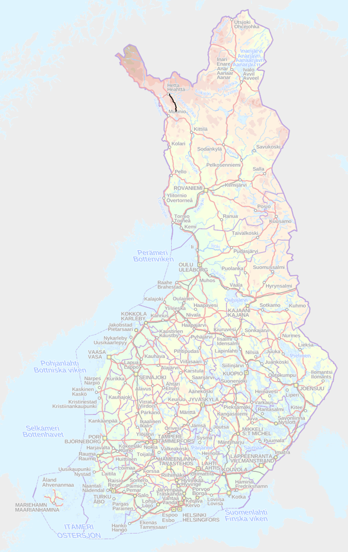 маршрут Хетта-Паллас в масштабах Финляндии (черная линия на северо-западе)