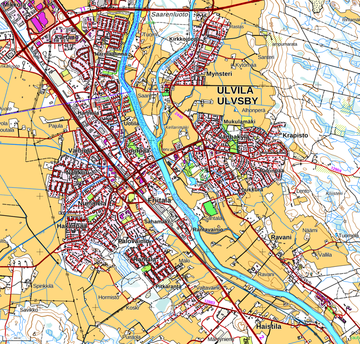 топографическая карта центра Ульвилы; на северо-западе видна граница с Пори