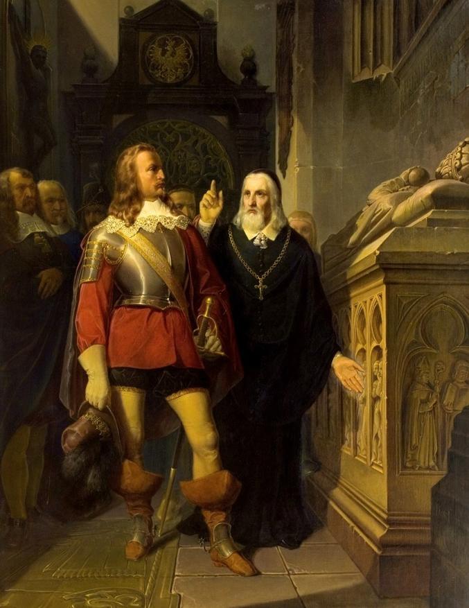 Шимон Старовольский и Карл-Густав у гроба Локетека.  События 1655 в Кракове, Локетек — средневековый объединитель Польши, Шимон Старовольский — писатель и историк.  По легенде, Старовольский рассказывал о судьбе Локетека, который был вынужден покидать свои земли и возвращаться несколько раз; Карл-Густав на это сказал: "Ян Казимир не вернется", а Старовольский ответил: "Фортуна изменчива, Бог неизменен".  Старовольский оказался прав.  Картина Яна Матейко, 1857