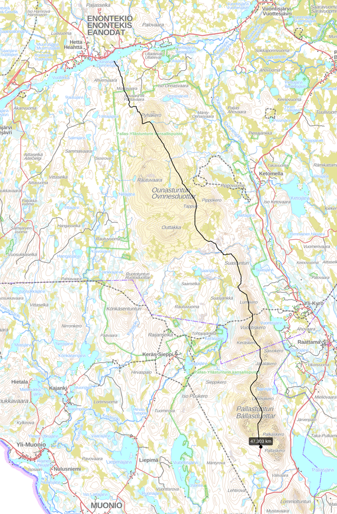 маршрут Хетта-Паллас на топографической карте