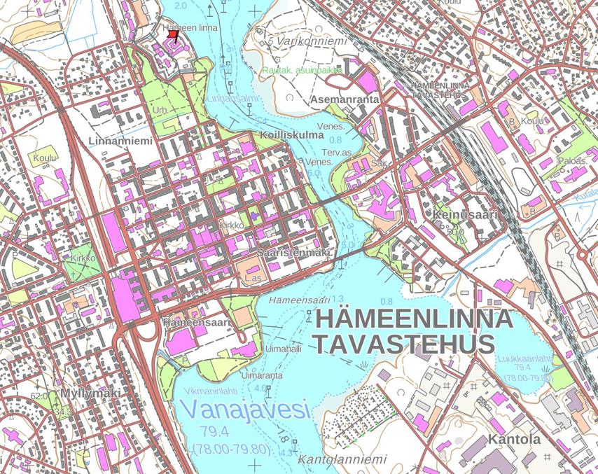 Центр Хямеэнлинны. Флажком обозначен замок