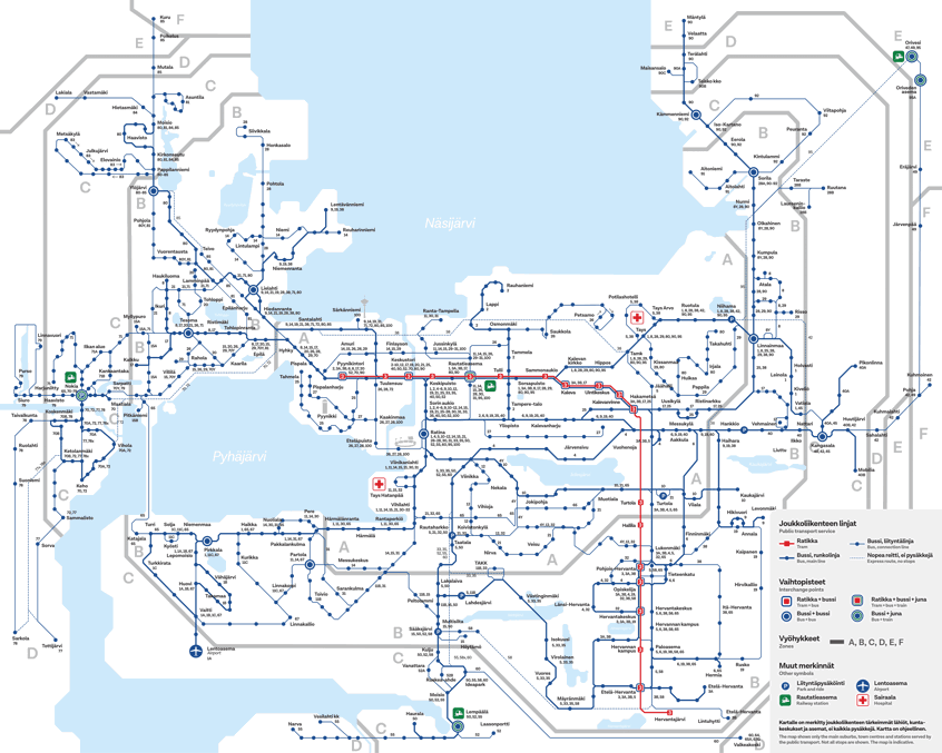 Схема автобусных маршрутов Тампере в июне-августе 2021 (красным показан трамвайный маршрут, на котором уже действует рабочее движение; более ранние карты онлайн не найти). СХЕМА УСТАРЕЕТ В АВГУСТЕ 2021 И ПРИВЕДЕНА ЛИШЬ ДЛЯ ИЛЛЮСТРАЦИИ. Источник: nysse.fi