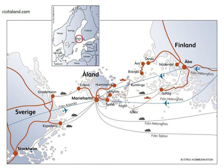 Расположение Аландов и связи с ними. Карта на шведском, Helsingfors = Хельсинки, Åbo = Турку, Nådendal = Наантали. Источник: https://visitaland.wntr.io/uploads/2022/04/kommunikationskarta.jpg