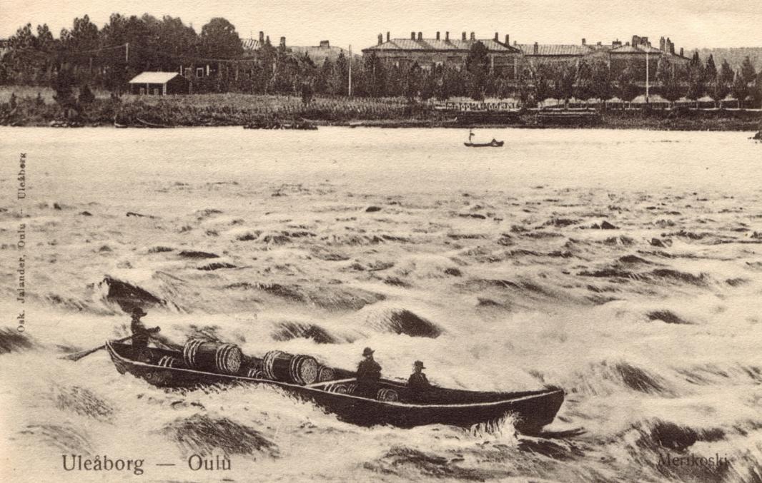 Дегтярная лодка на порогах Мерикоски в Оулу, последних перед дегтярным портом. Открытка из вики