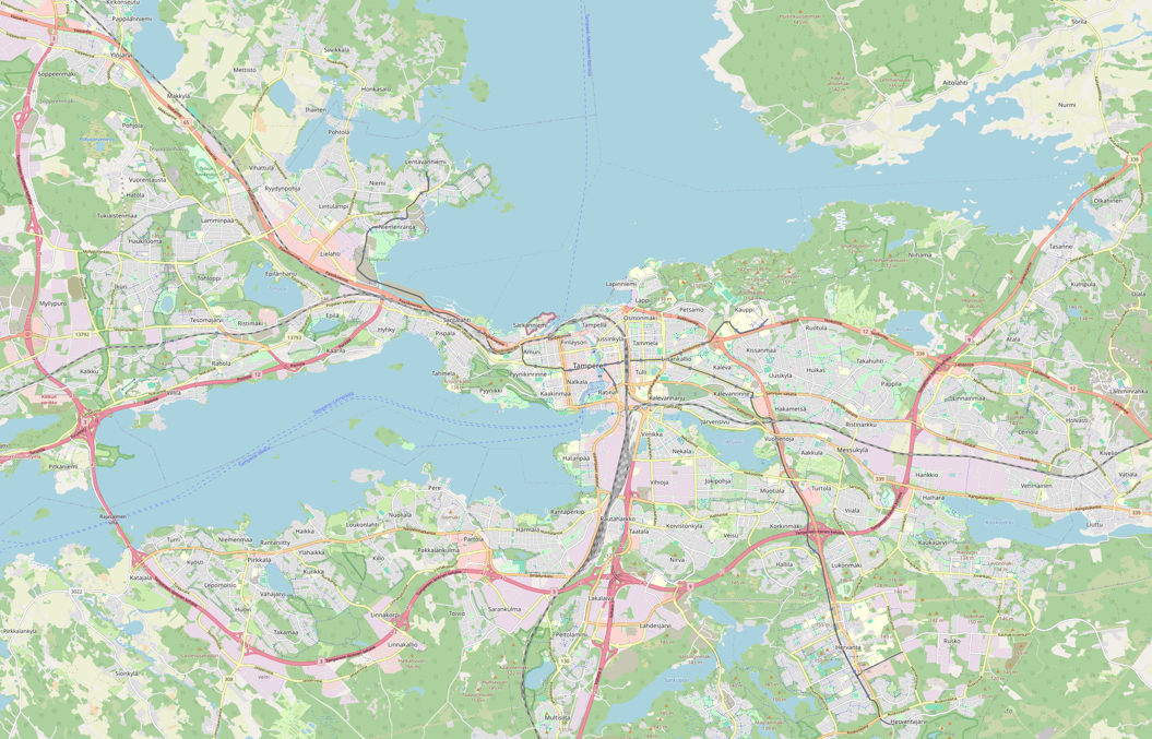 Карта Тампере и ближайших пригородов с OpenStreetMap. Трамвайные линии отмечены