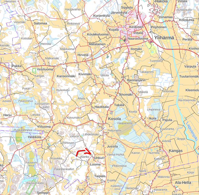 Расположение хутора Ункури в районе села Юлихярмя в наши дни