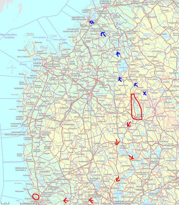 Красное — озеро Эхтяринъярви и современное направление его стока; синее — исток и направление стока Эссе и ее верховий