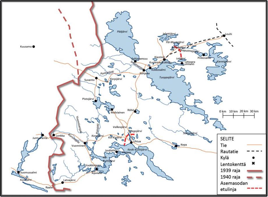 Установившаяся с 1941-1942 линия фронта в районе Кестеньги и Ухты (совр. Калевала) в российской Карелии. Источник: https://joukkosieessa.fi/index.php/kirjan-teosta/kiestinki-uhtua/