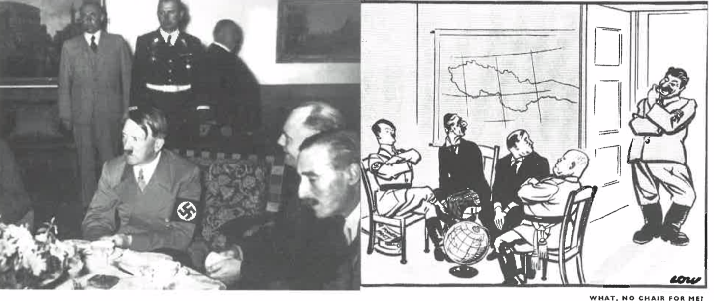 Фотография и английская карикатура на заключение Мюнхенского соглашения 1938 года, в котором была решена судьба Судетских областей Чехословакии. На фотографии Гитлер и Чемберлен; на карикатуре также показаны Даладье и Муссолини, а в дверях стоит Сталин, восклицающий "А где же стул для меня?". Как то, что изображено на карикатуре, отличается от реальных событий?