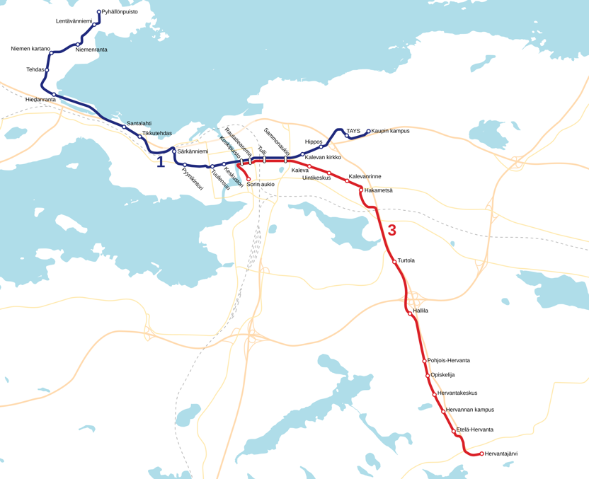 Схема линий трамвая Тампере на 2025. Источник: Википедия