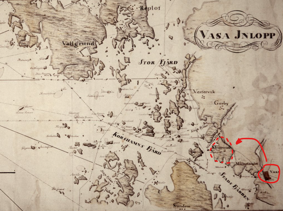Старое и новое расположение Ваасы.  Карта 1802 года, источник: https://expo.oscapps.jyu.fi/s/vanhakartta/item/54643