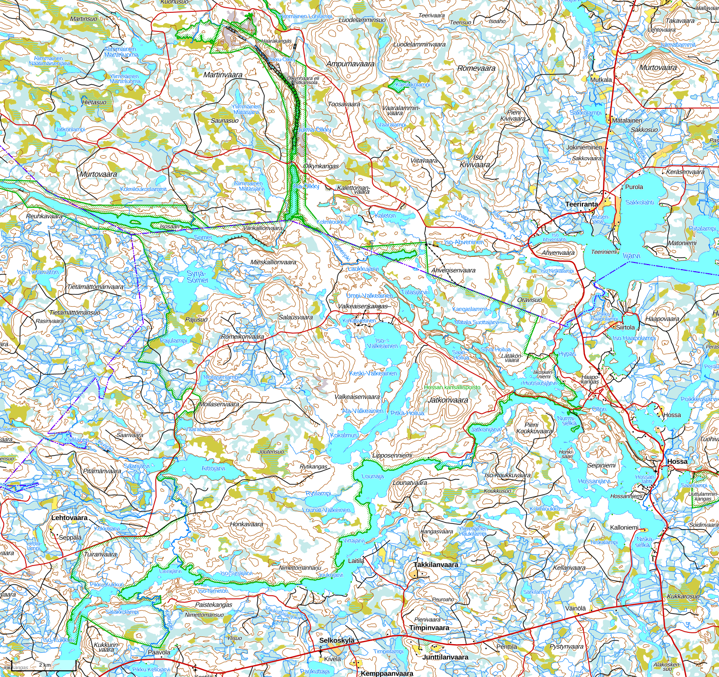 Топографическая карта Хоссы. Граница национального парка отмечена зеленой линией со штриховкой